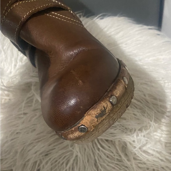 Women’s Manas Brown Leather Fleece Lined Fur Cuff Ankle Boots Studs Block Heel - Picture 7 of 11